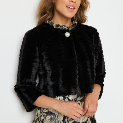 Studio 1 Faux Fur Womens Scoop Neck 3/4 Sleeve Shrug