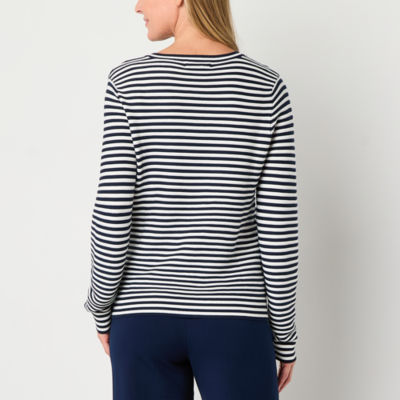 Liz Claiborne Womens Crew Neck Long Sleeve Striped Pullover Sweater