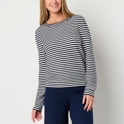 Liz Claiborne Womens Crew Neck Long Sleeve Striped Pullover Sweater