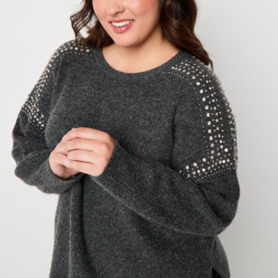 a.n.a Plus Womens Crew Neck Embellished Long Sleeve Pullover Sweater