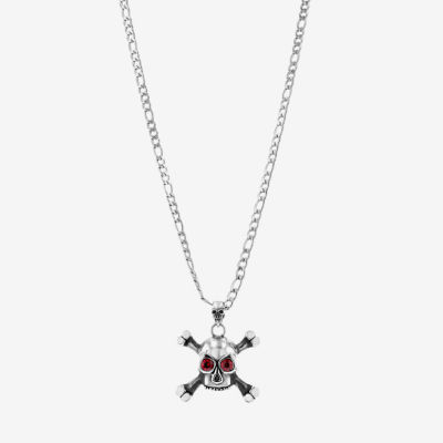 Mens Red Zircon Stainless Steel Skull Pendant Necklace