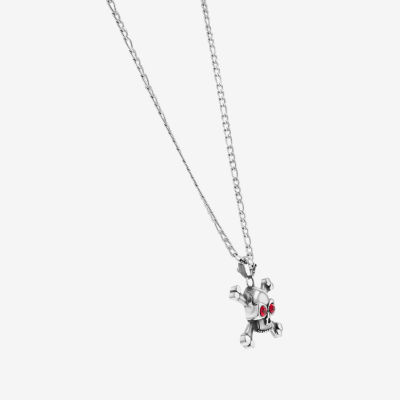 Mens Red Zircon Stainless Steel Skull Pendant Necklace