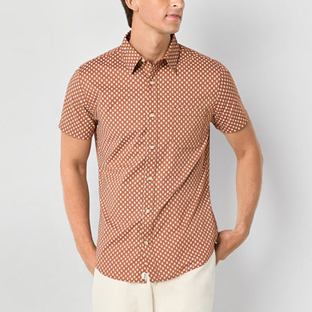 mutual weave Mens Regular Fit Short Sleeve Floral Button-Down Shirt, X-large, Brown