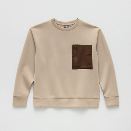 Xersion Little & Big Boys Double-Knit Crew Neck Long Sleeve Sweatshirt, M (10-12) Husky, Brown