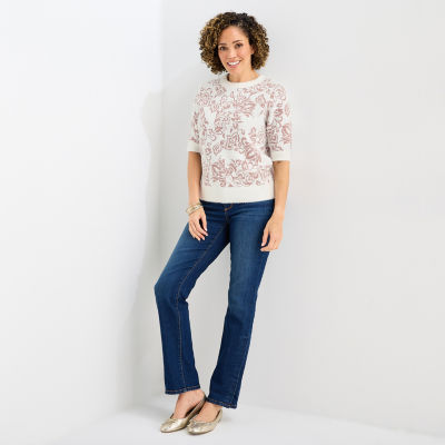 Liz Claiborne Womens Crew Neck Elbow Sleeve Floral Pullover Sweater