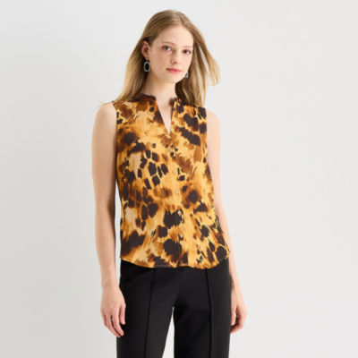 Worthington Womens Henley Neck Sleeveless Satin Blouse
