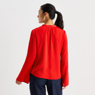 Worthington Womens Henley Neck Long Sleeve Satin Blouse