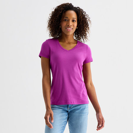 St. John's Bay Womens V Neck Short Sleeve T-shirt In Purple
