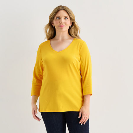 St. John's Bay Womens Plus V Neck 3/4 Sleeve T-Shirt, 2x, Yellow