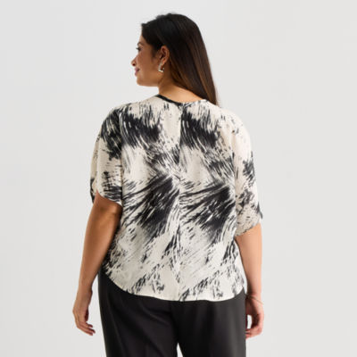 Worthington Womens Round Neck Short Sleeve Satin Blouse