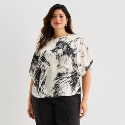 Worthington Womens Round Neck Short Sleeve Satin Blouse