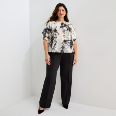 Worthington Womens Round Neck Short Sleeve Satin Blouse