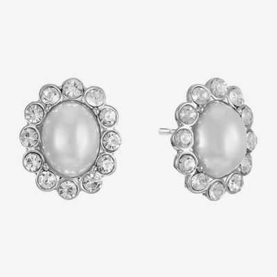 Monet Jewelry Timeless Silver Tone Halo Glass Simulated Pearl 17mm Oval Stud Earrings