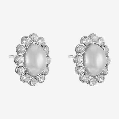 Monet Jewelry Timeless Silver Tone Halo Glass Simulated Pearl 17mm Oval Stud Earrings