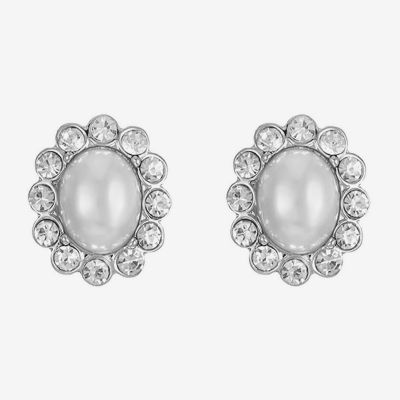 Monet Jewelry Timeless Silver Tone Halo Glass Simulated Pearl 17mm Oval Stud Earrings