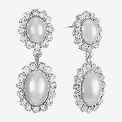 Monet Jewelry Timeless Silver Tone Halo Double Womens Glass Simulated Pearl Oval Hypoallergenic Drop Earrings