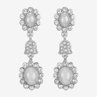 Monet Jewelry Timeless Silver Tone Halo Womens Glass Simulated Pearl Oval Hypoallergenic Drop Earrings