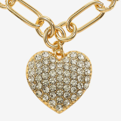 Liz Claiborne Gold Tone Pave Womens Glass Heart 28 Inch Pendant Necklace