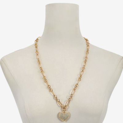 Liz Claiborne Gold Tone Pave Womens Glass Heart 28 Inch Pendant Necklace