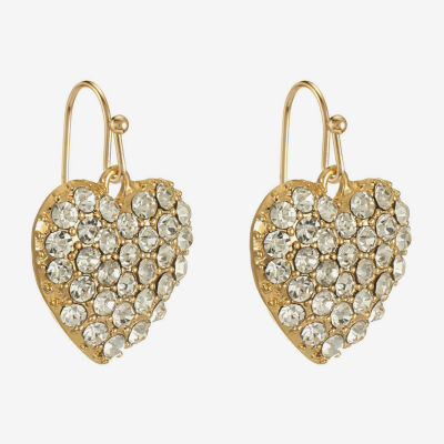 Liz Claiborne Gold Tone Pave Womens Glass Heart Drop Earrings