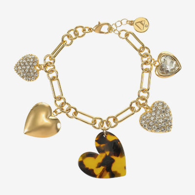 Liz Claiborne Gold Tone Womens Glass Heart Charm Bracelet
