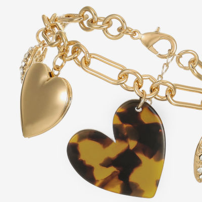 Liz Claiborne Gold Tone Womens Glass Heart Charm Bracelet