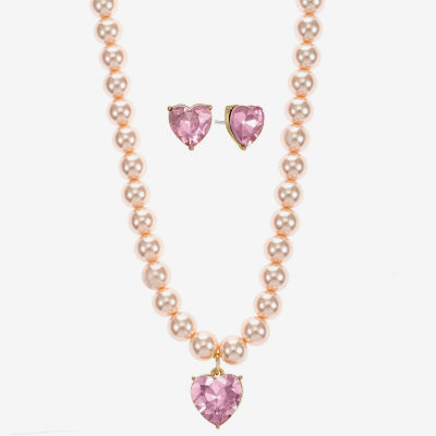 Monet Jewelry Gold Tone Womens Pink Glass Simulated Pearl Heart 2-pc. Jewelry Set