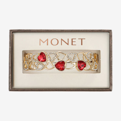 Monet Jewelry Gold Tone Womens Red Glass Heart Stretch Bracelet