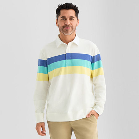 St. John's Bay French Terry Rugby Mens Classic Fit Long Sleeve Polo Shirt, Large, Beige