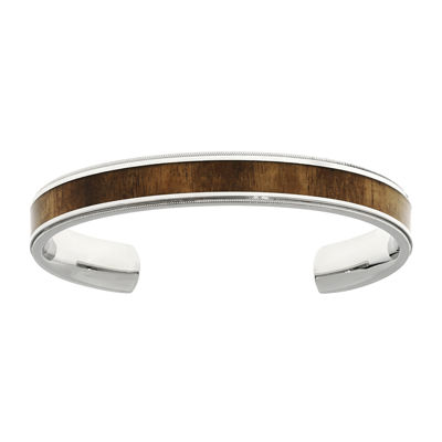 Mens Stainless Steel Wood Inlay Cuff Bracelet