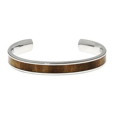 Mens Stainless Steel Wood Inlay Cuff Bracelet