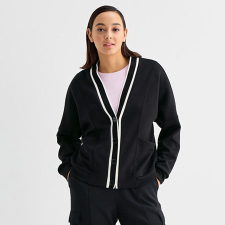 Stylus Womens Y Neck Long Sleeve Button Cardigan, Small, Black