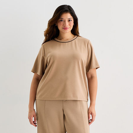Stylus Womens Plus Crew Neck Short Sleeve T-shirt In Brown