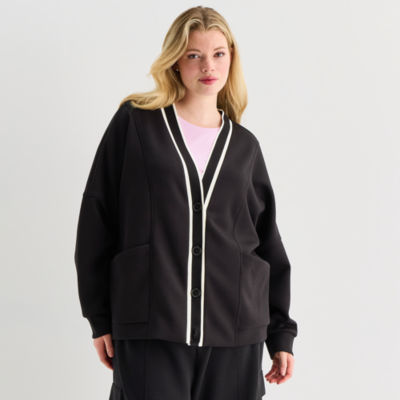 Stylus Womens Plus Y Neck Long Sleeve Button Cardigan