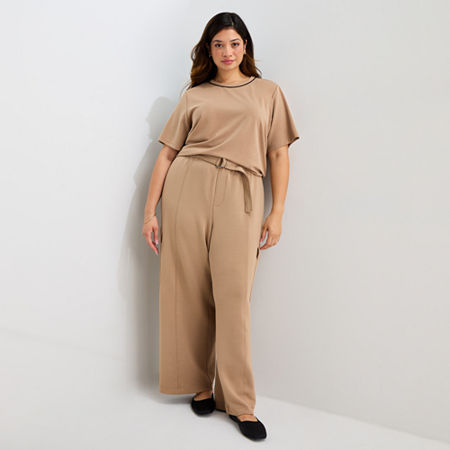 Stylus Womens Plus Wide Leg High Rise Cargo Pant In Brown