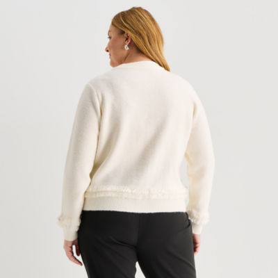 Liz Claiborne Womens Crew Neck Long Sleeve Button Plus Cardigan