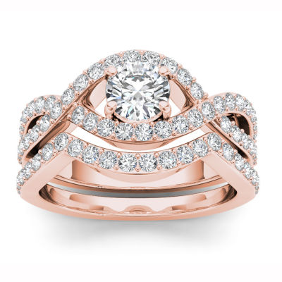 Womens 1 1/2 CT. T.W. Natural White Diamond 14K Gold Round Side Stone Halo Bridal Set