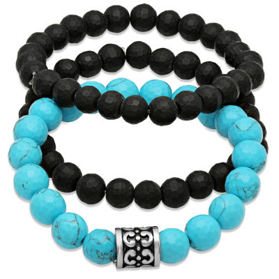 Mens Black Lava and Simulated Turquoise Beaded Stainless Steel Beaded