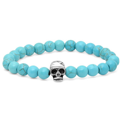 Mens Beaded Simulated Turquoise with Stainless Steel Skull Bracelet