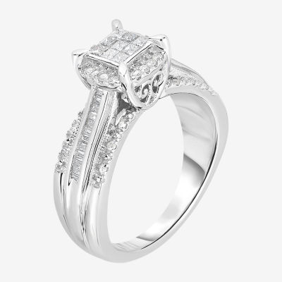 1/2 CT.T.W. Natural Diamond Cushion Shape Side Stone Halo Engagement Ring 10K or 14K Gold