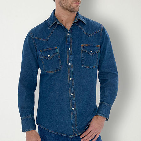 Ely Cattleman Denim Washed Snap Mens Long Sleeve Classic Fit Big And Tall Button-down Shirt In Blue