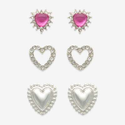 Mixit Hypoallergenic Silver Tone 3 Pair Glass Heart Earring Set