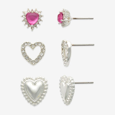 Mixit Hypoallergenic Silver Tone 3 Pair Glass Heart Earring Set