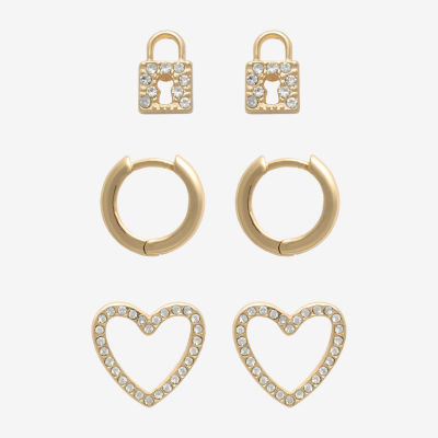 Mixit Hypoallergenic Gold Tone 3 Pair Glass Heart Earring Set