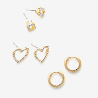 Mixit Hypoallergenic Gold Tone 3 Pair Glass Heart Earring Set