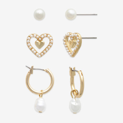 Mixit Hypoallergenic Gold Tone 3 Pair Simulated Pearl Heart Earring Set