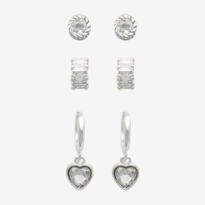 Mixit Hypoallergenic Silver Tone 3 Pair Cubic Zirconia Heart Earring Set