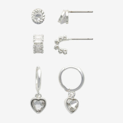 Mixit Hypoallergenic Silver Tone 3 Pair Cubic Zirconia Heart Earring Set