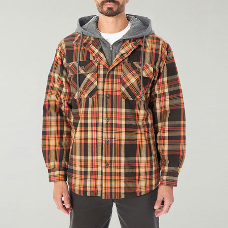 Smiths Workwear Hooded Sherpa Lined Flannel Mens Hooded Midweight Shirt Jacket, Large, Brown