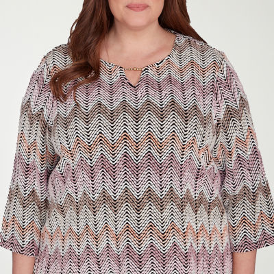 Alfred Dunner Telluride Womens Split Crew Neck 3/4 Sleeve Plus T-Shirt